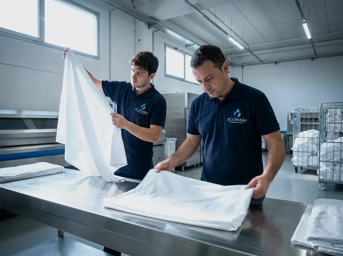 Tecnici ECOWASH piegano biancheria d’hotel nello stabilimento